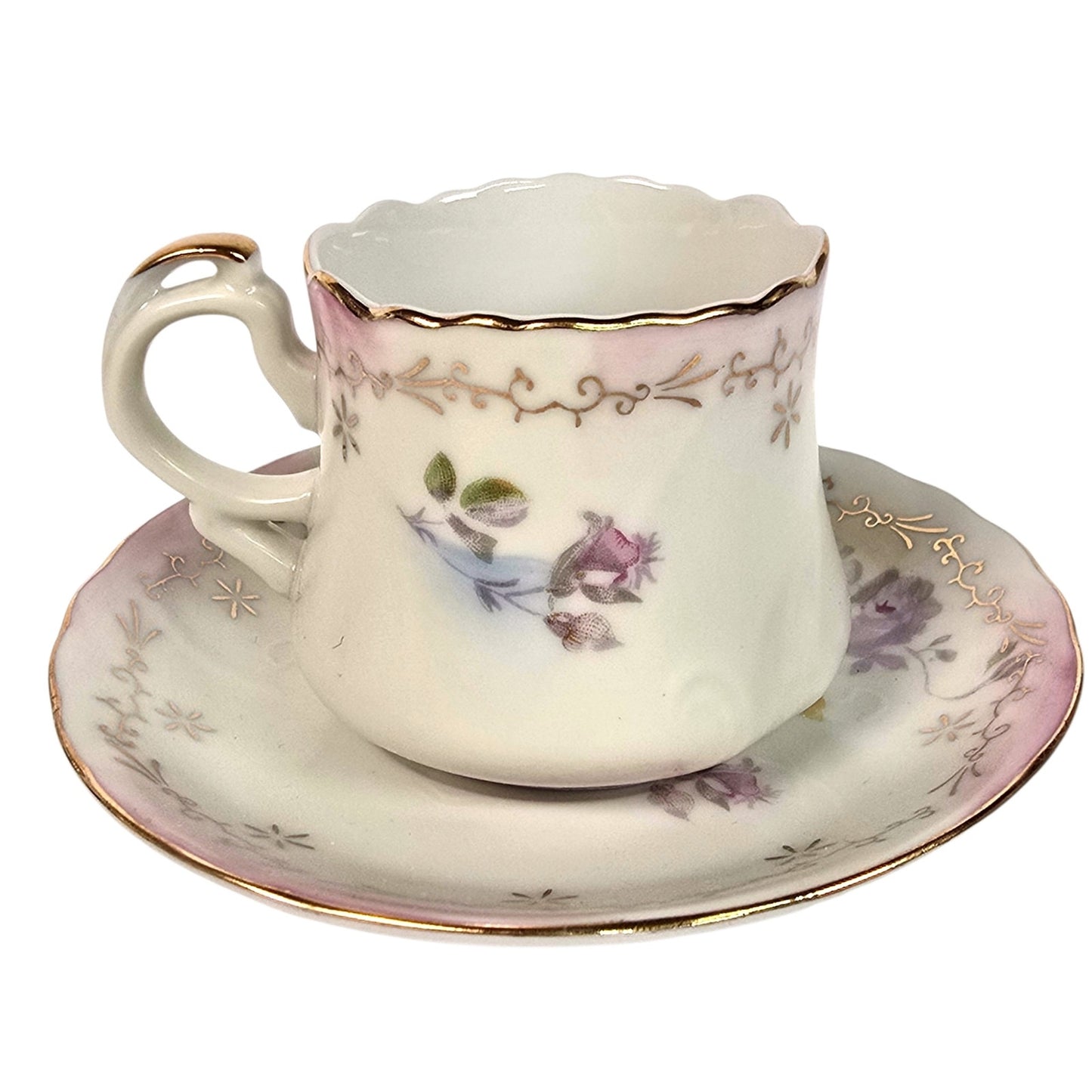 Vintage Japanese Porcelain Demitasse Cup and Saucer Set Floral Gold Trim Rose