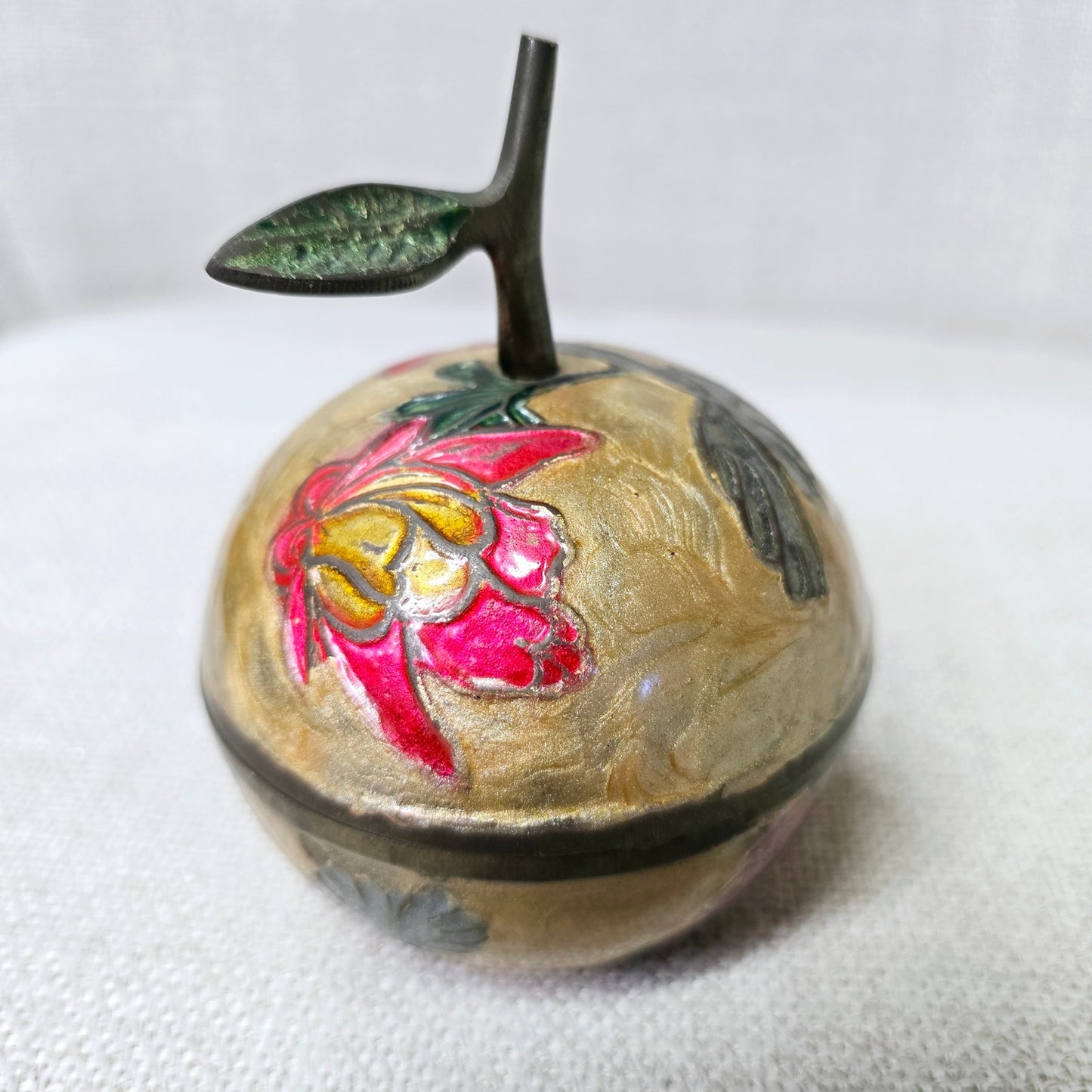 Beautiful Vintage Cloisonne Enamel and Brass Apple Trinket Box with Lid