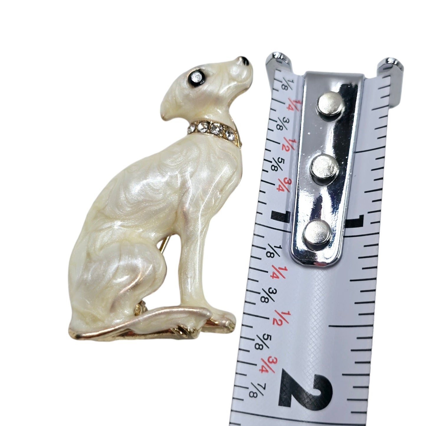 White Enamel Whippet Greyhound Puppy with Rhinestone Collar Lapel Pin Brooch Jewelry