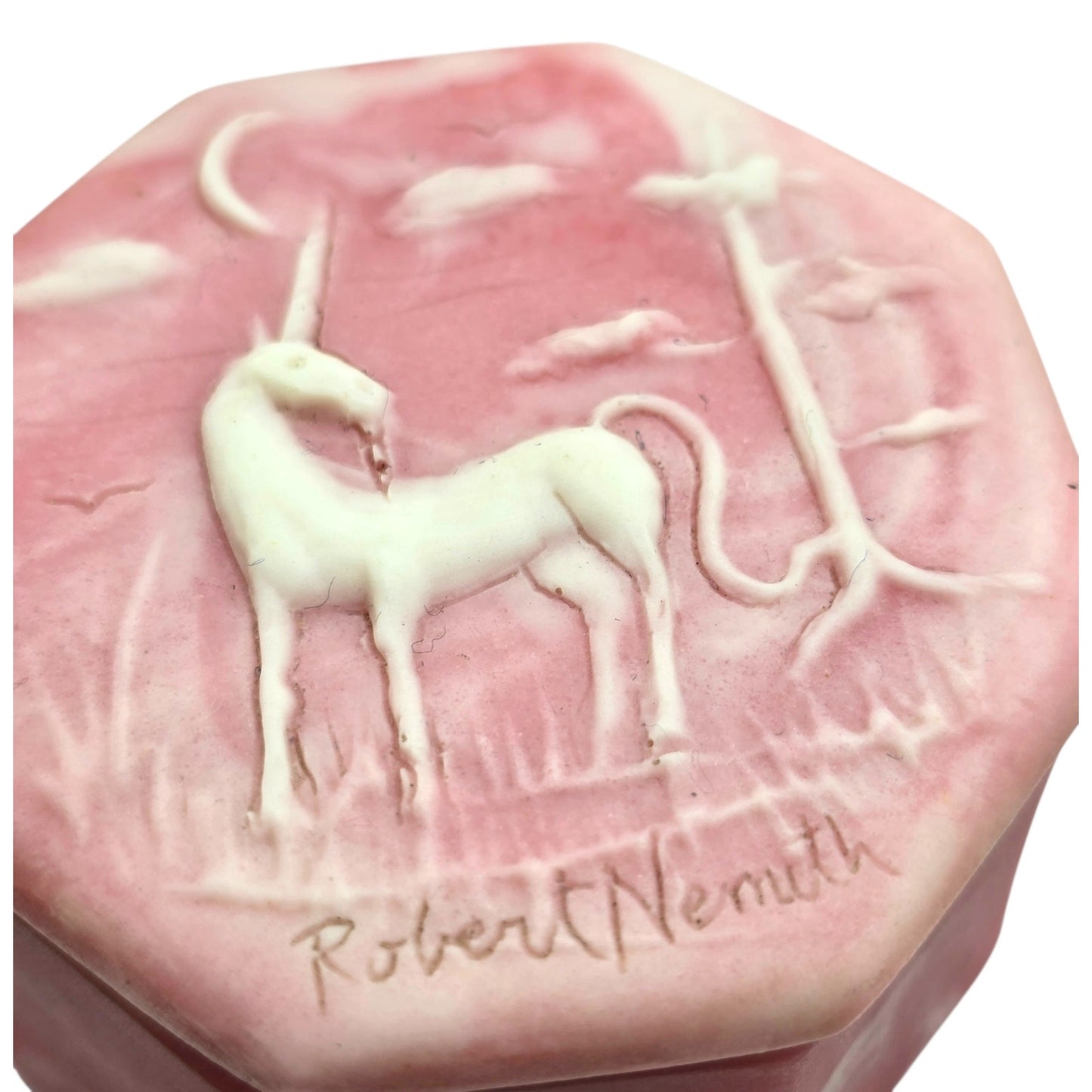 Robert Nemith Signed Incolay Stone Unicorn Trinket Box Relief Carved Mythical