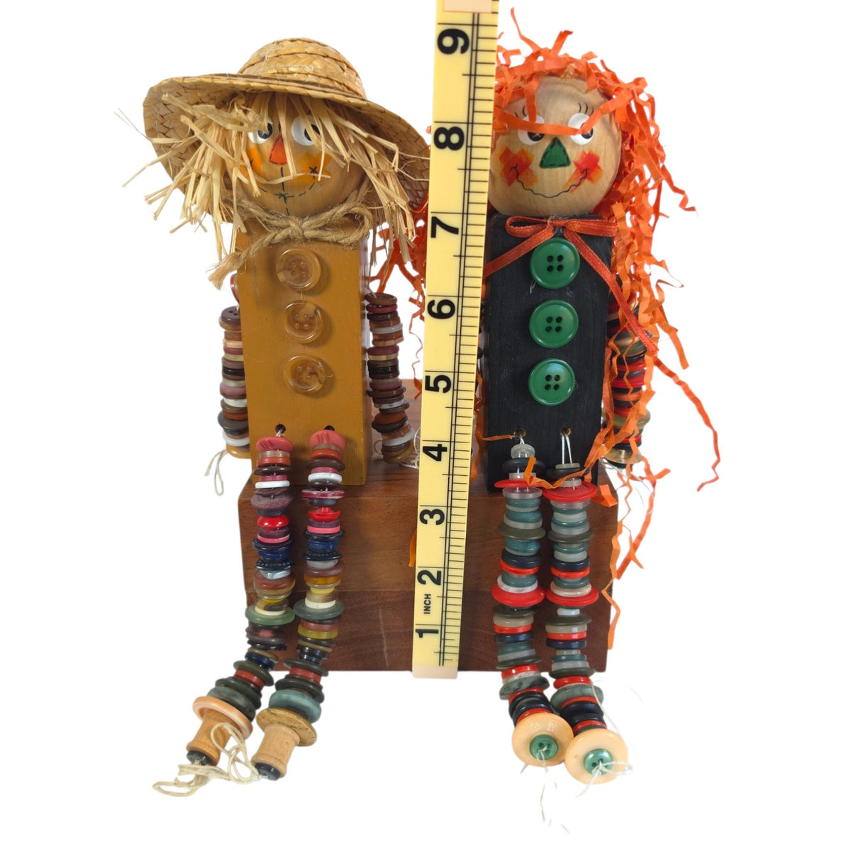 Handmade Folk Art Scarecrow Dolls Shelf Sitters Button Limbs Pair Fall Decor