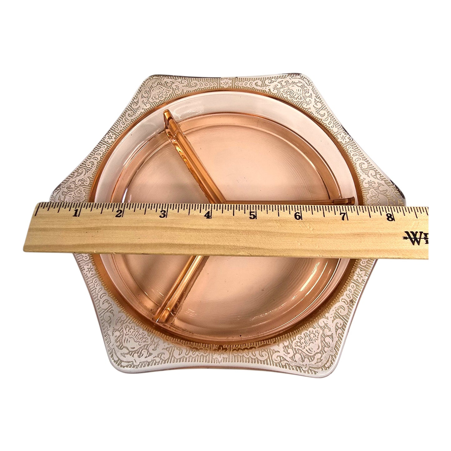 Pink Depression Glass Divided Relish Dish with Gold Decorative Border