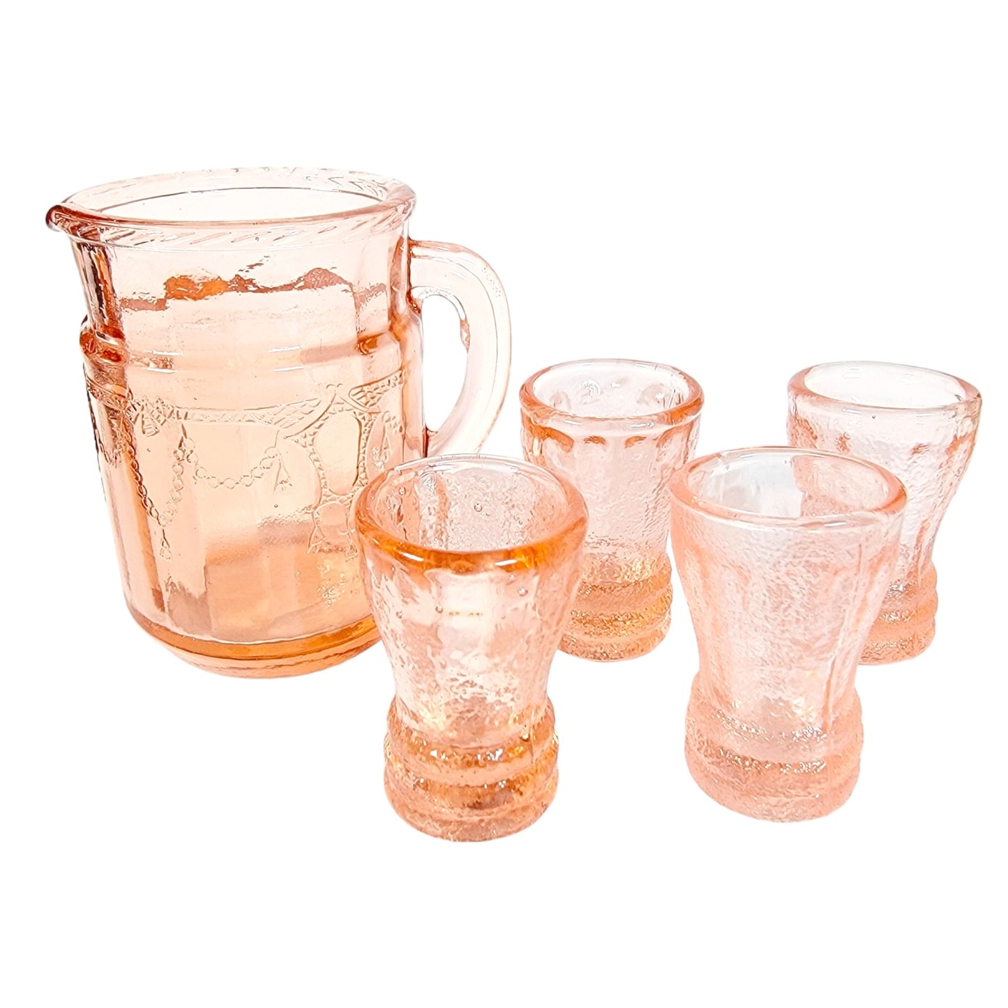 Tiny Vintage Pink Depression Glass Mini Pitcher with 4 Mini Water Tumblers, Doll Tea Party