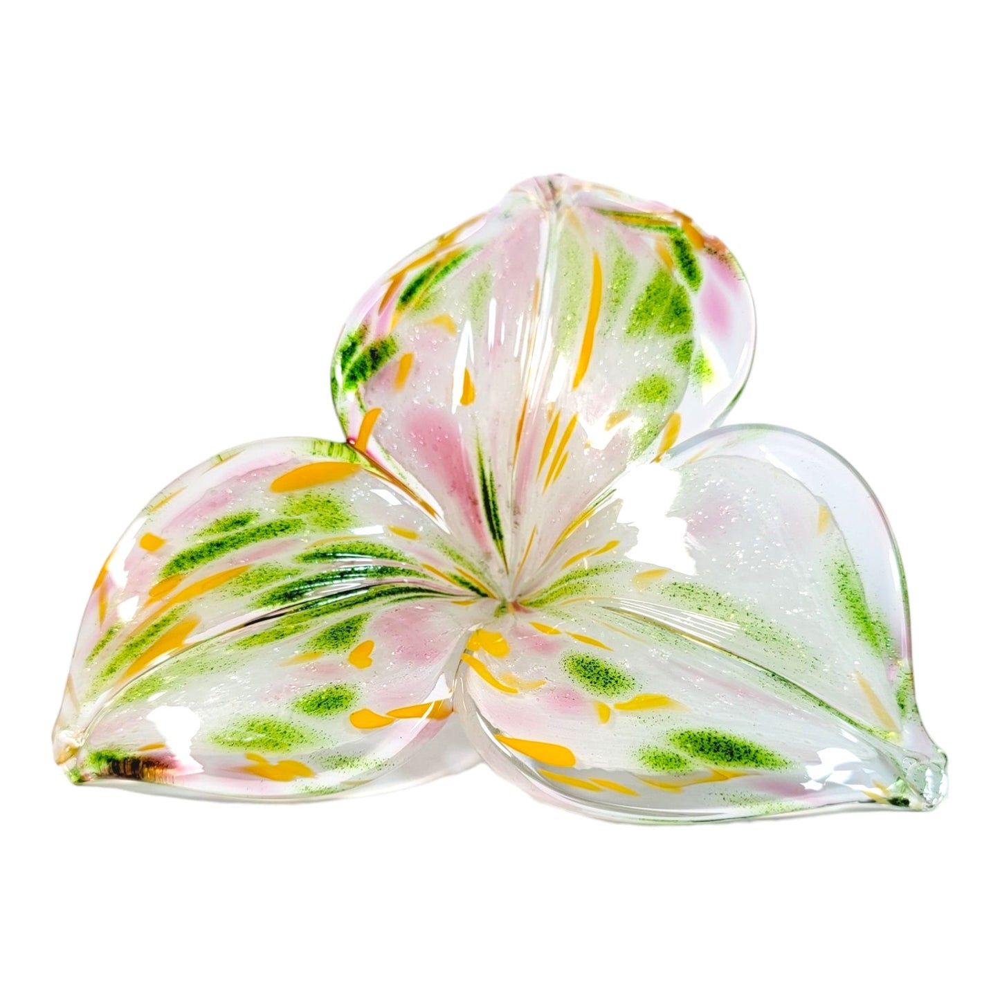 Hand-Blown Art Glass Flower with Stem in Pink, Green and Orange, 3 Leaf Flower