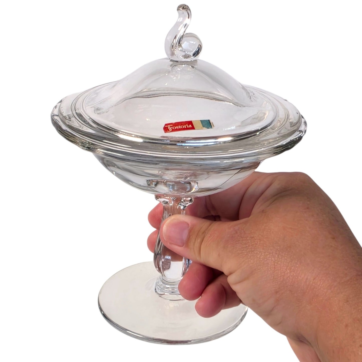 Vintage Fostoria Clear Glass Lidded Pedestal Jar UV Reactive MCM Elegant Glass
