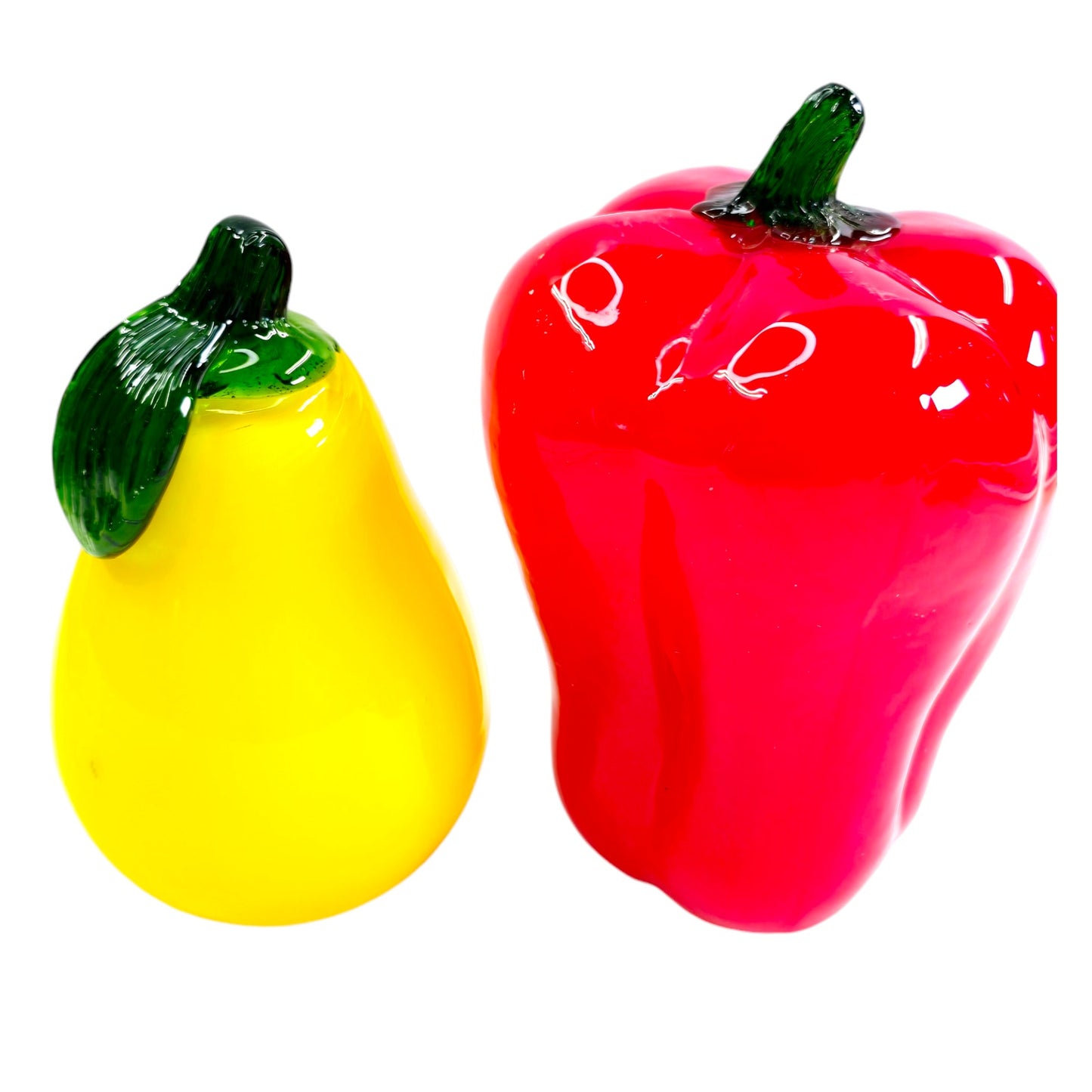 Hand-Blown Art Glass Yellow Pear and Red Bell Pepper, Glass Fruit, Glass Vegetable