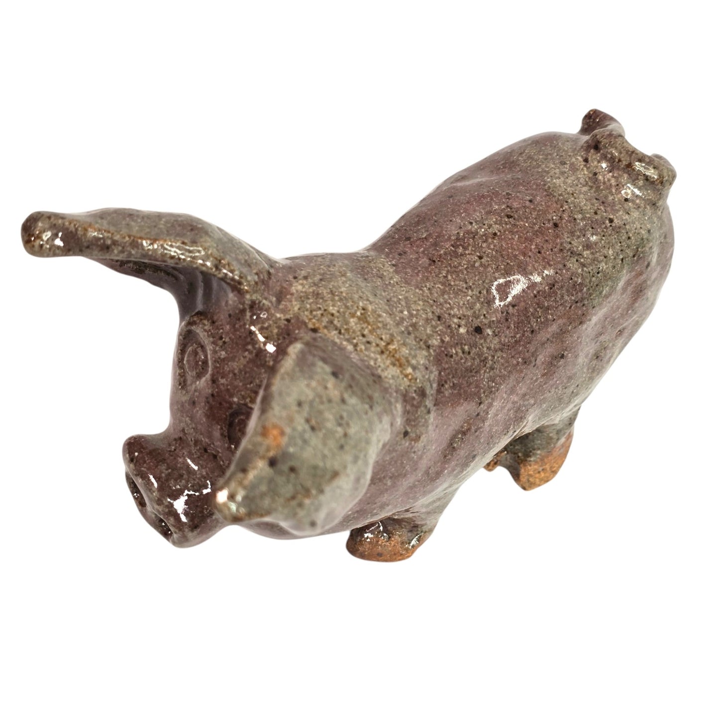 Vintage Studio Art Pottery Pig Figurine Signed BA Primitive Brown Glazed Clay