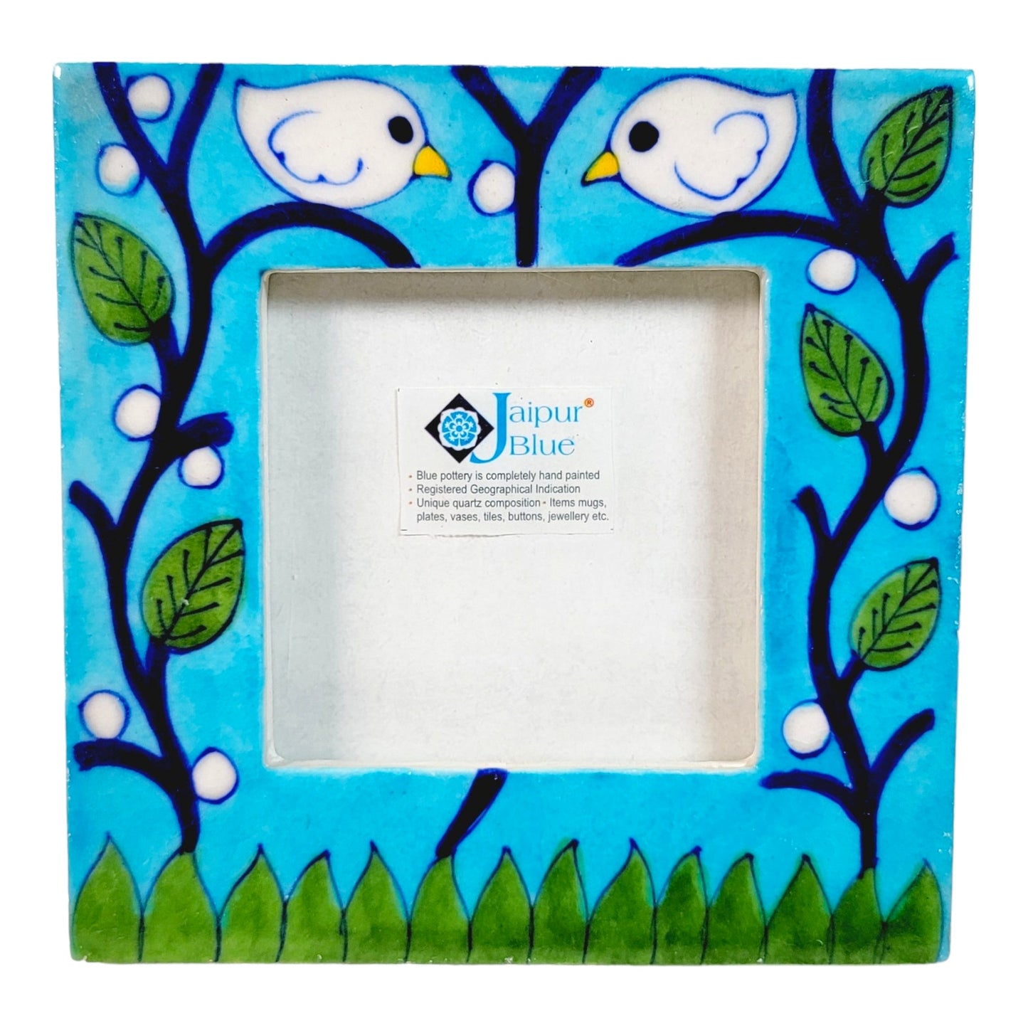 Handpainted Jaipur Blue Pottery Photo Frame, White Birds on Branch