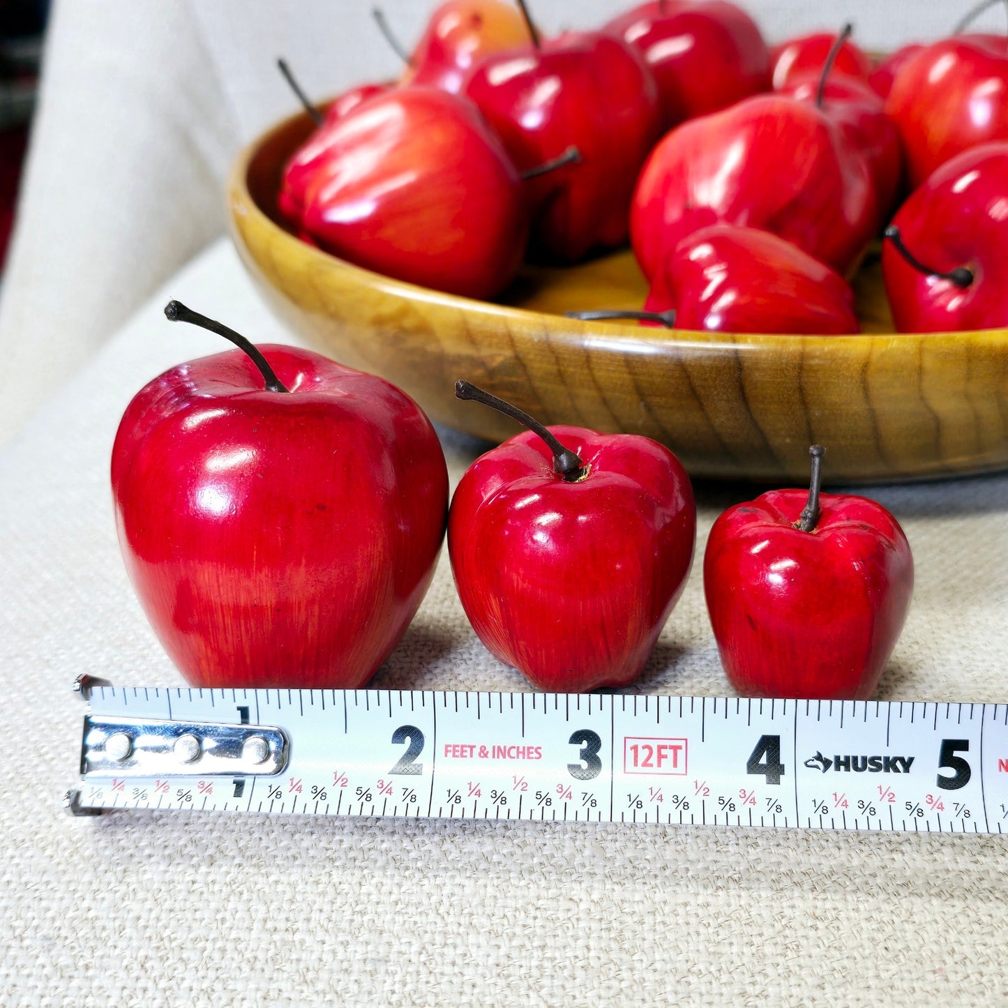 Large Vintage Shallow Bowl Filled With Vibrant Red Apples in Various Sizes