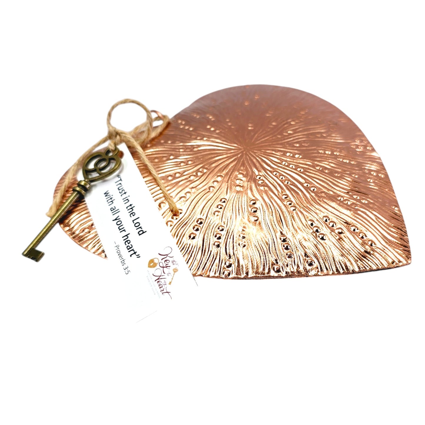 Pressed Copper Puffy Heart with Key Hanging Decor, 5.75" H x 5.75" W