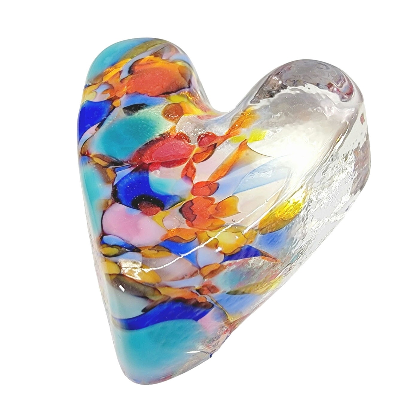 Small Hand Blown Art Glass Heart Paperweight, Applied Rainbow Colors