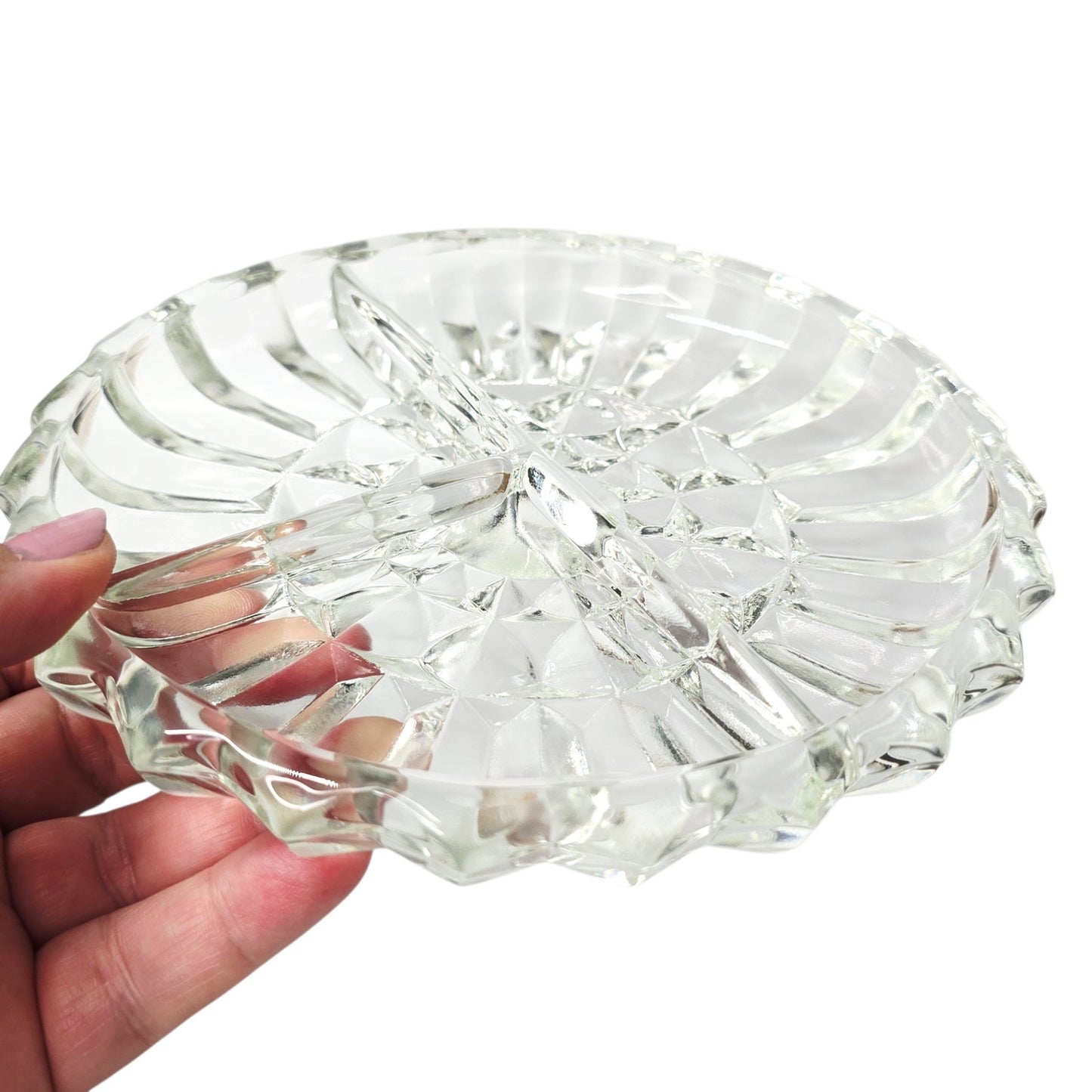 Vintage Pressed Glass Divided Relish Dish Clear Sunburst Pattern AS IS Read