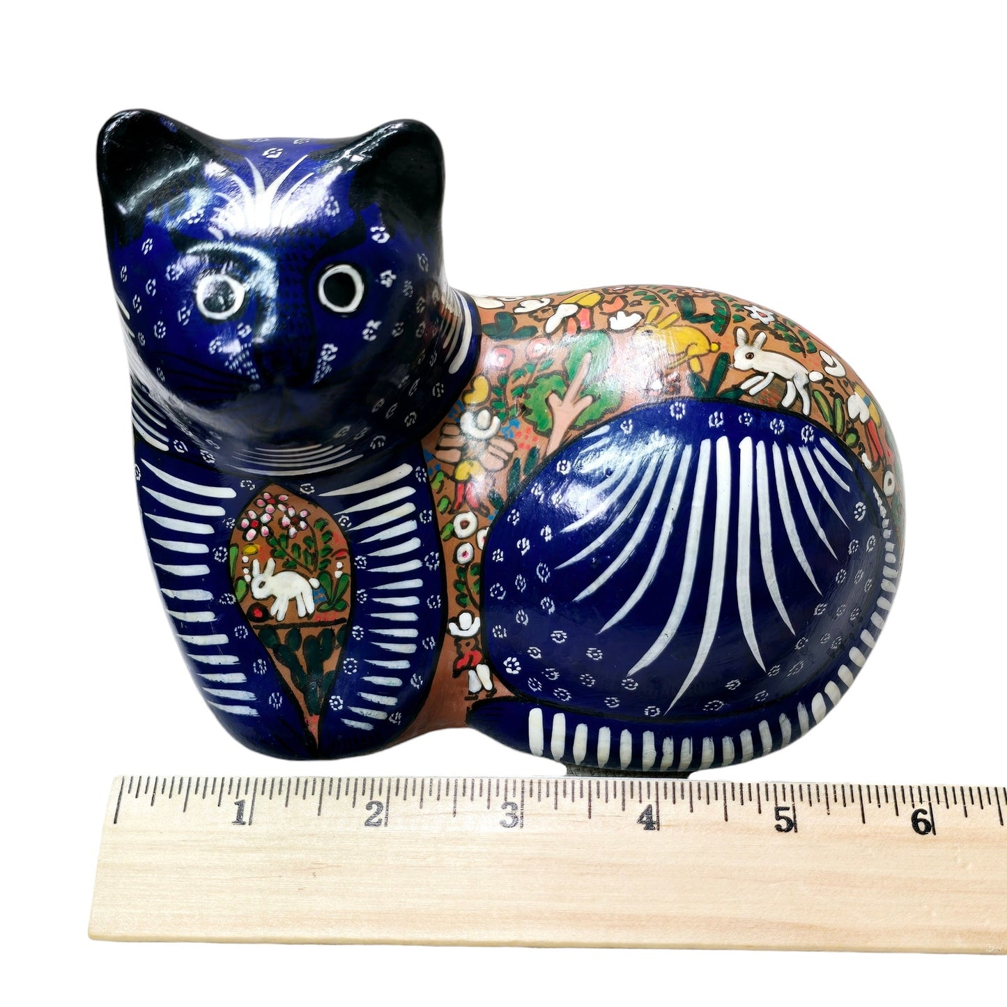 Talavera Mexican Hand Painted Folk Art Multi Color Ceramic Cat Figurine