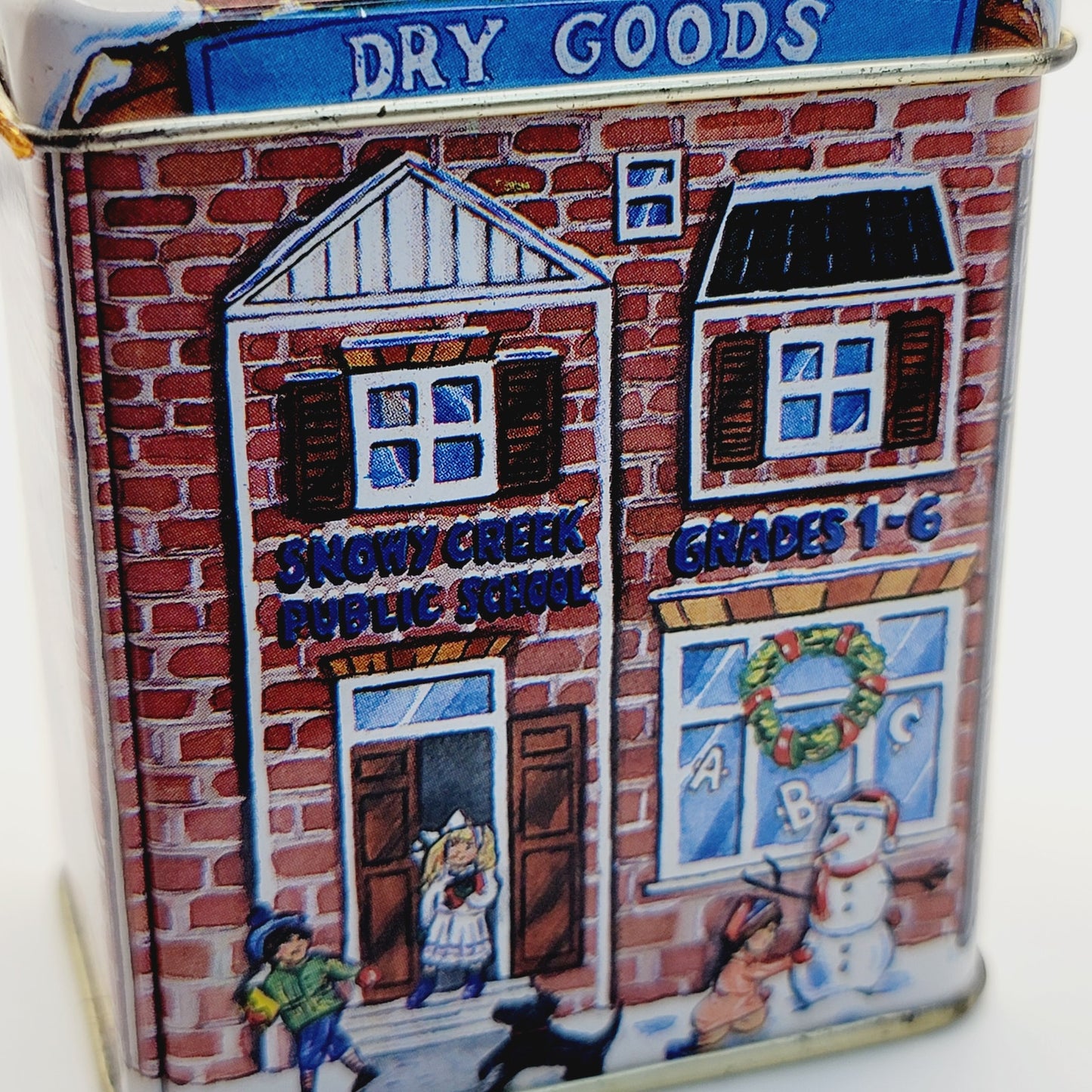 Vintage Tiny Tin Jar Ornament Pinchner Farms Schoolhouse Snowy Creek Public READ