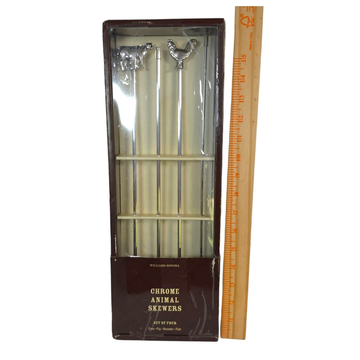 Williams-Sonoma Chrome Animal Skewers Set of 4 Cow Pig Rooster Fish NIB
