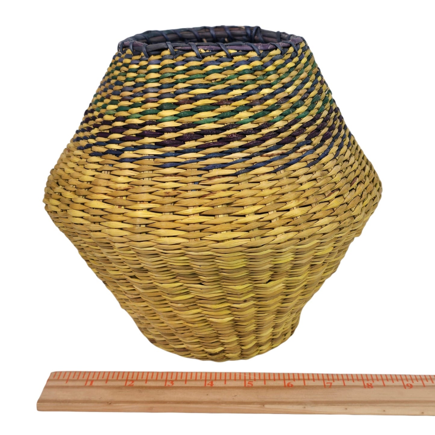 Vintage Woven Seagrass Basket Coiled Boho Yellow Purple Blue Tapered Vase Planter