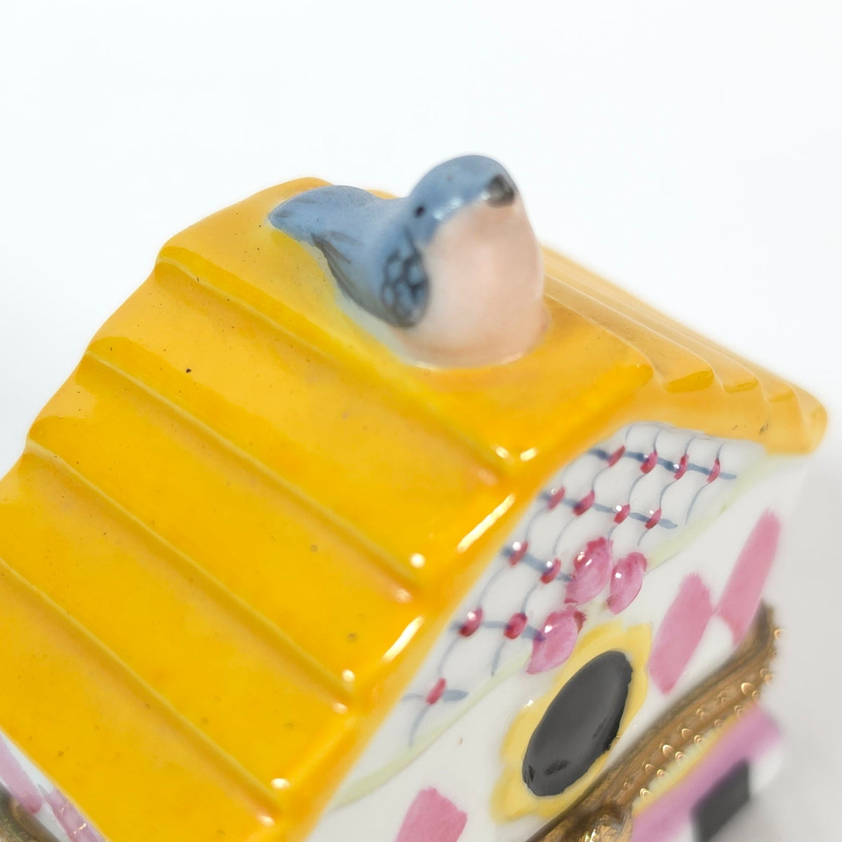 Bluebird Birdhouse Ceramic Hinged Trinket Box Yellow Roof Pink Diamonds