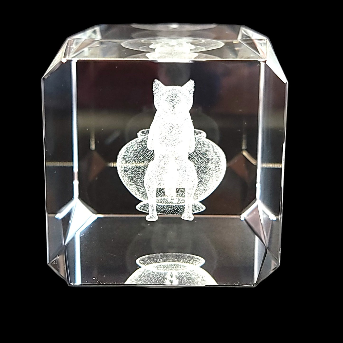 Cat Peering into Gold Fish Bowl 3D Laser Etched Crystal Paperweight in Box 3 x 2 x 2" Original Box