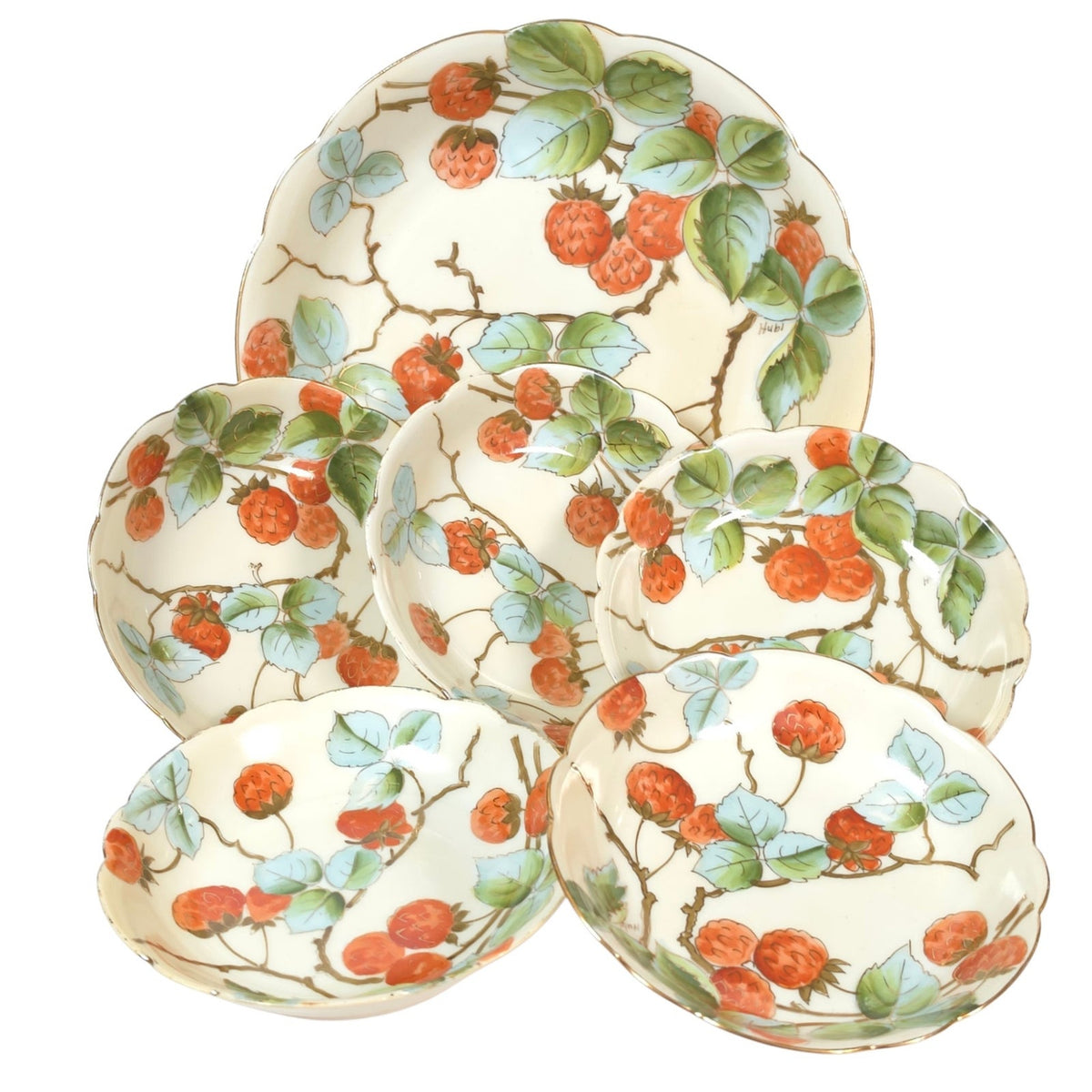 Antique Vienna Austria Raspberry Master Berry Bowl Set 6 c1890–1908