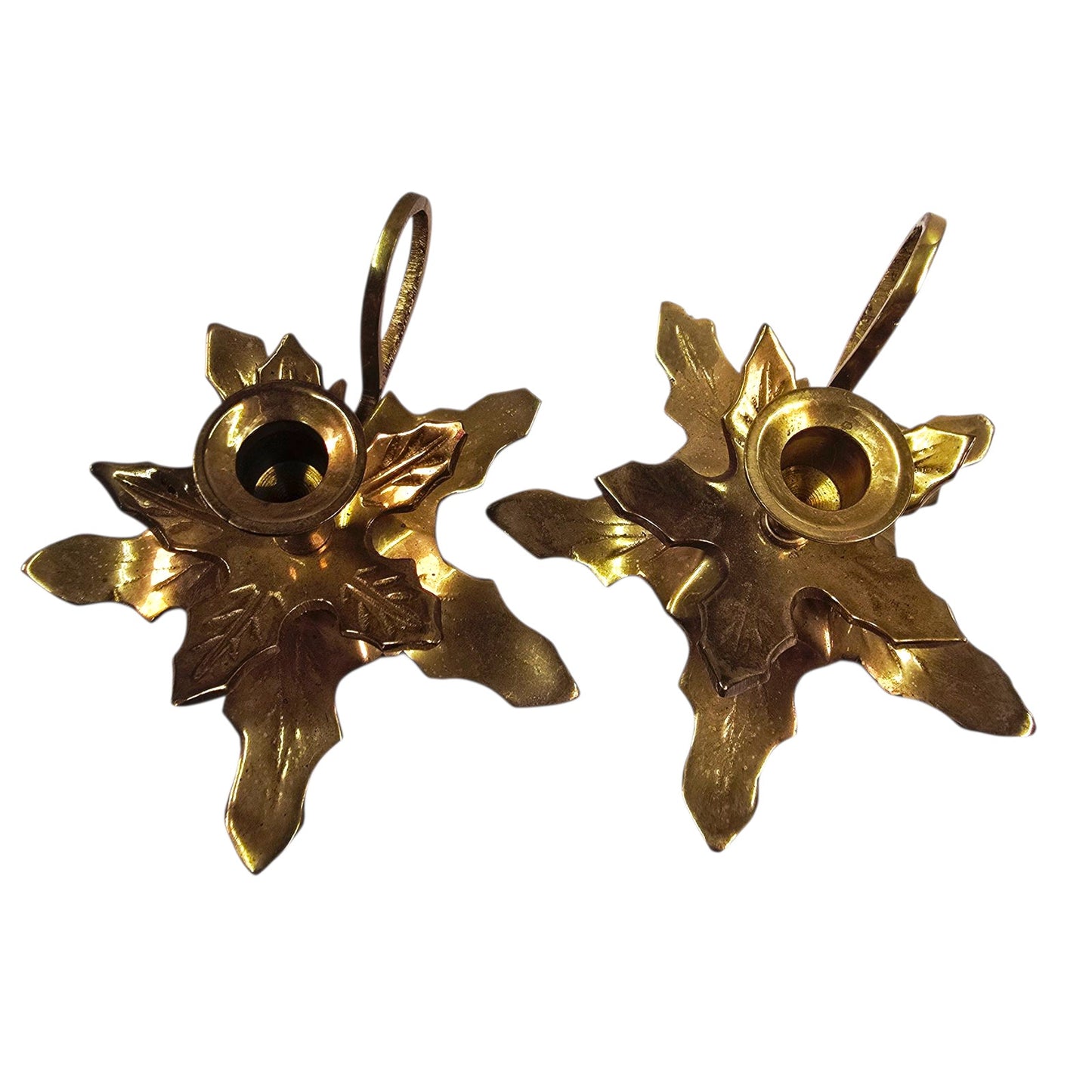 Vintage Solid Brass Leaves Candle Holders with Handle Loop Set of 2