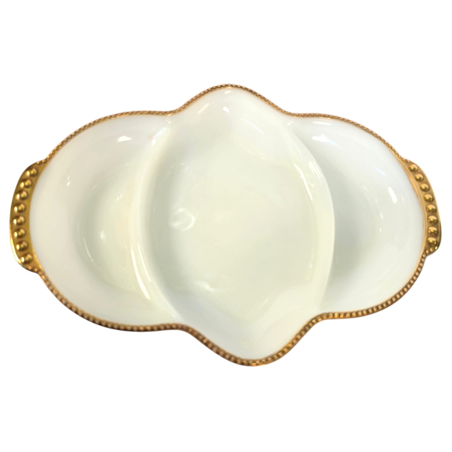 Vtg Fire-King Milk Glass Divided Relish Dish 22K Gold Trim Vanity Recency MCM