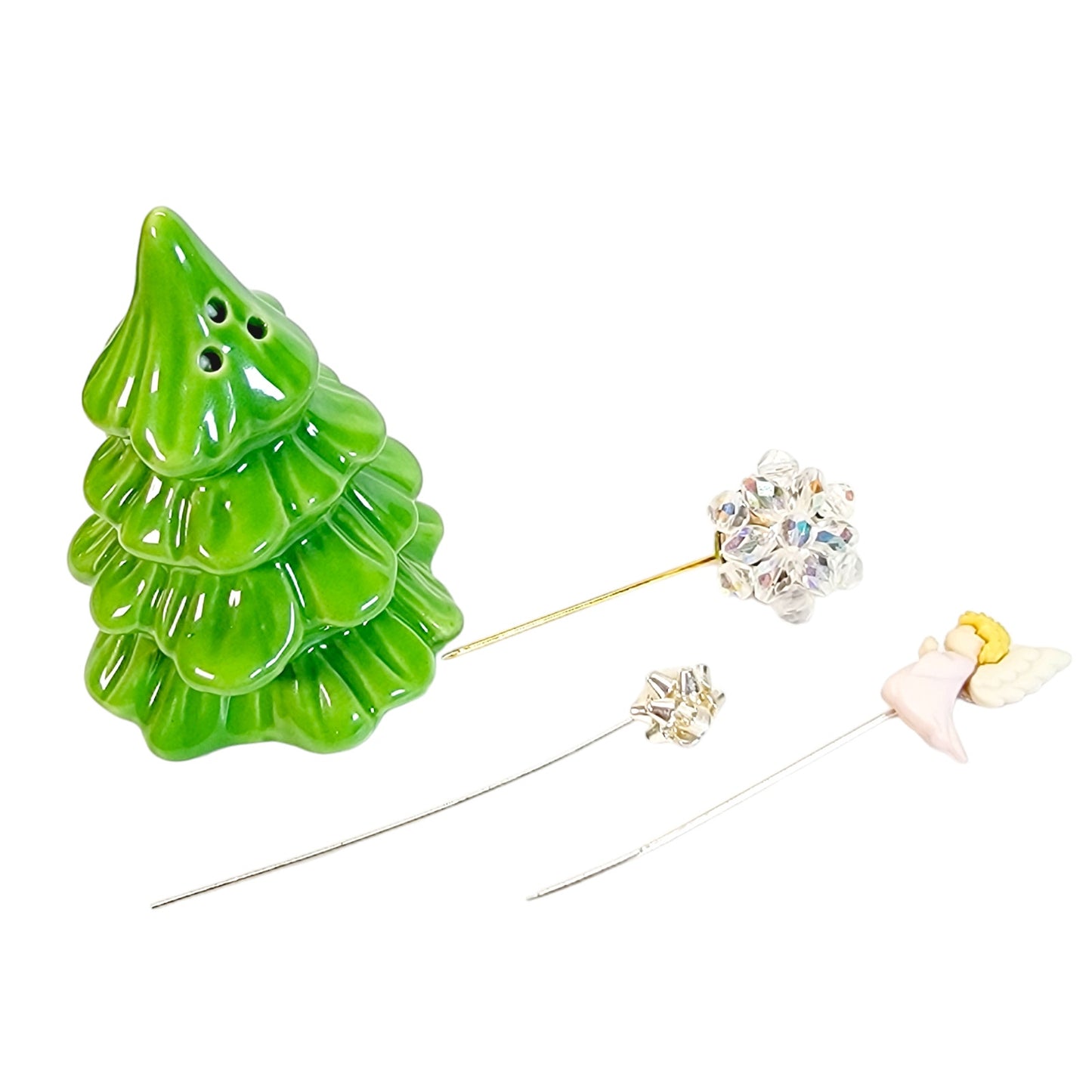 Christmas Tree Shaker Display with 3 Pins: Angel, Snowflake, Silver Bow