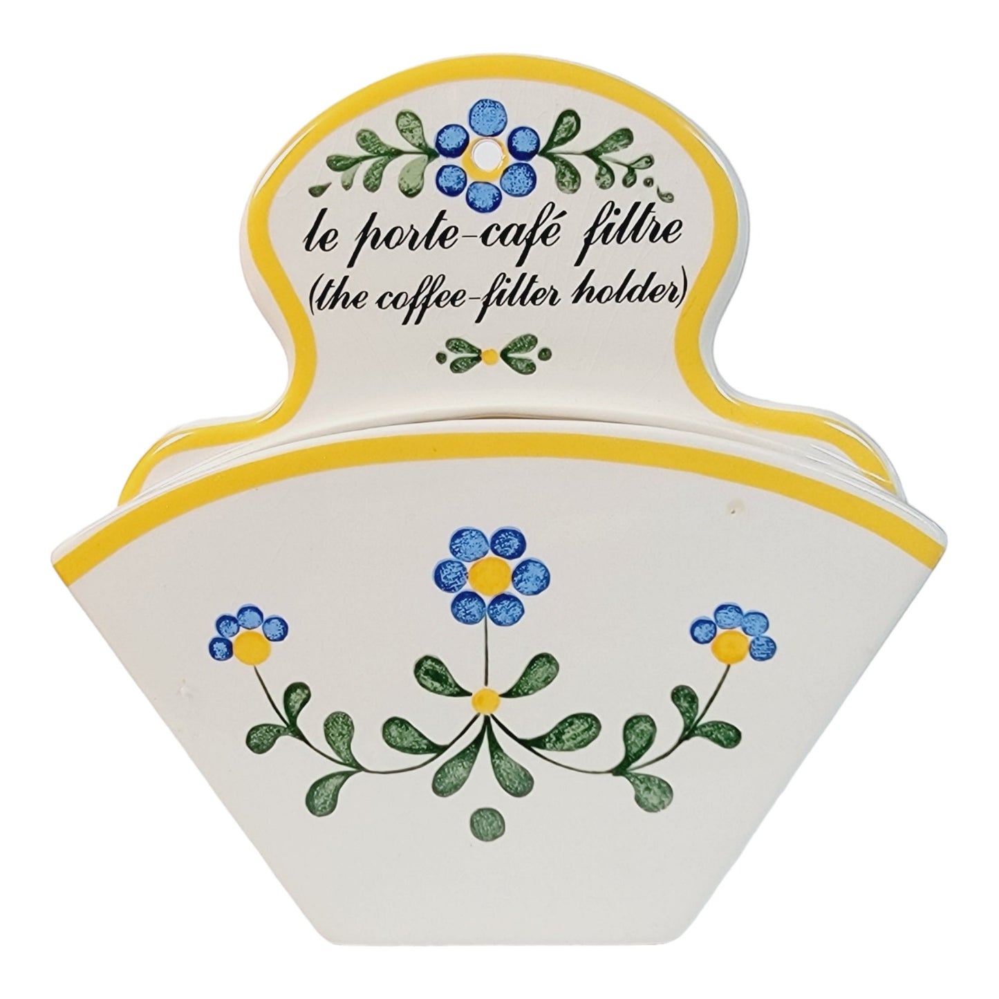 Coffee Filter Holder Wall Pocket Blue and Yellow, Marsten Mandrajji French Writing, Made in Portugal