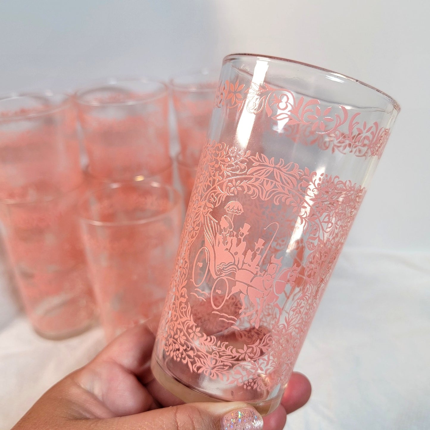 Set of 8 Hazel Atlas Monticello Pink Horse and Carriage Glass Tumblers 5"