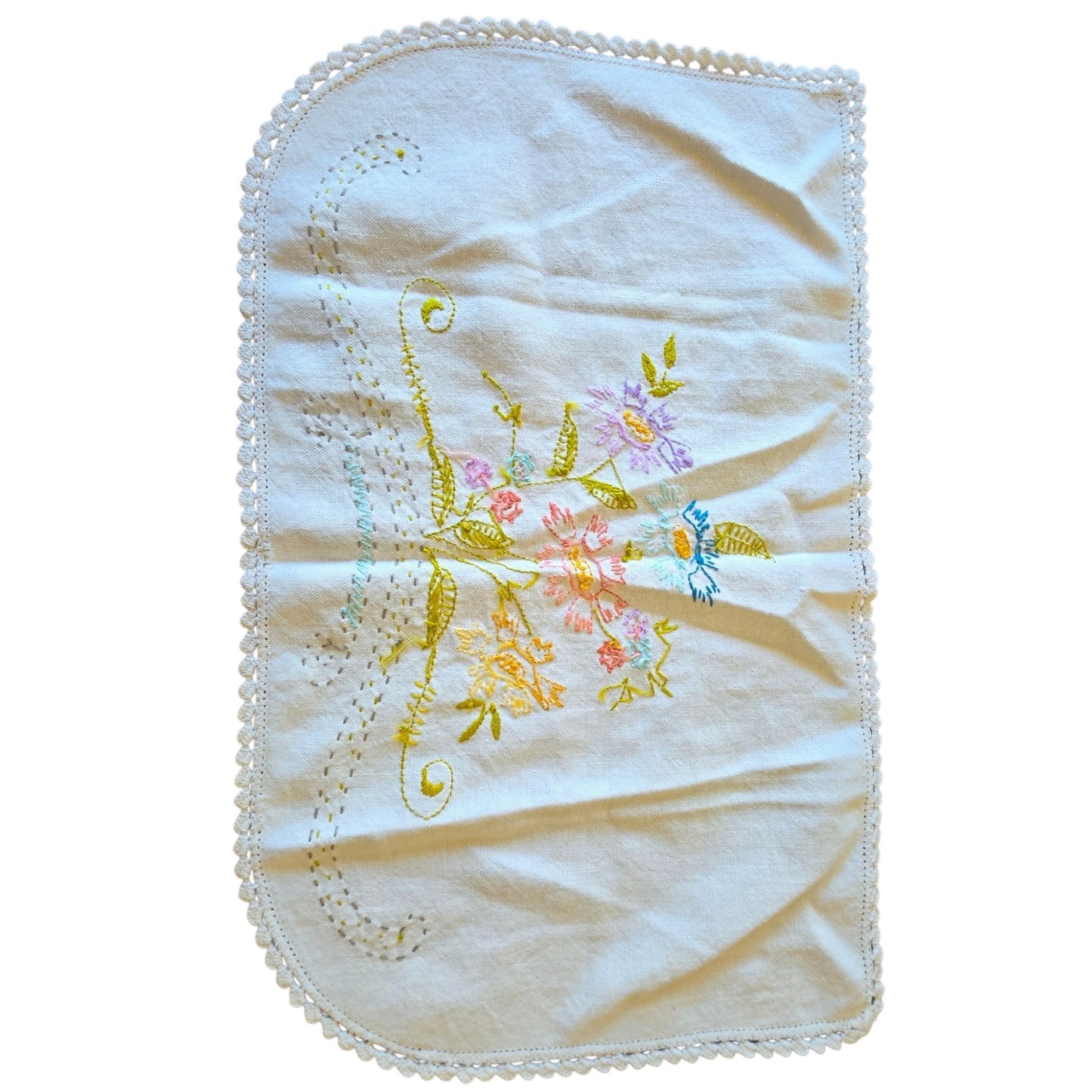 Vintage Embroidered Floral Scalloped Linen Placemat Dresser Scarf 17x10 Oblong