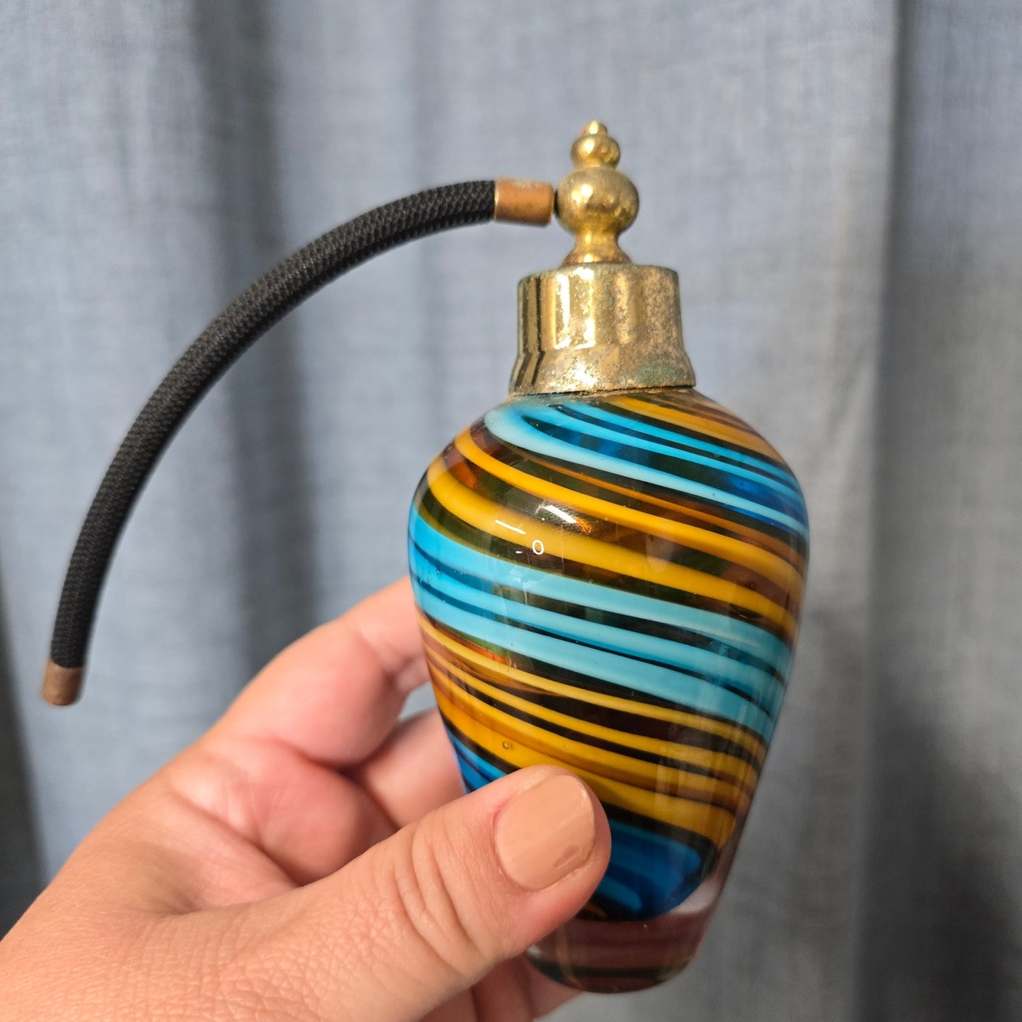 Vintage Art Glass Blue Amber Striped Perfume, Missing Atomizer