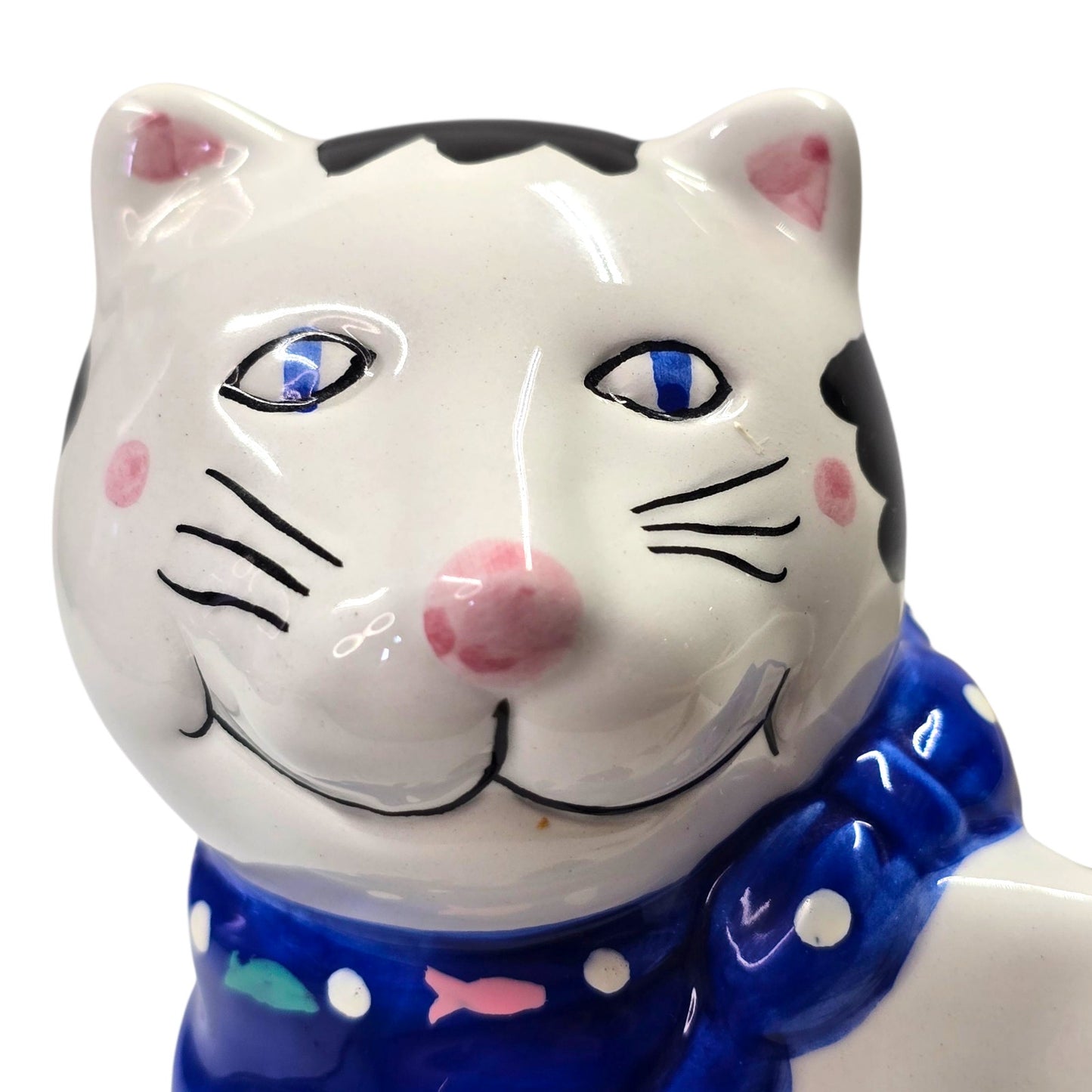 Striped Cat Planter Ceramic Handpainted Blue Scarf Bird Vtg Certified Intl CIC