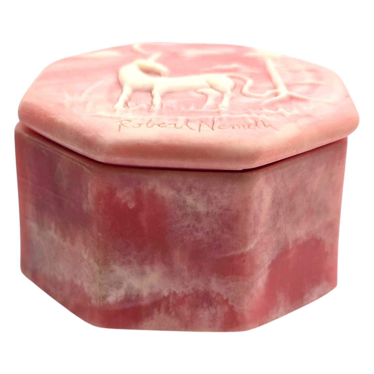 Robert Nemith Signed Incolay Stone Unicorn Trinket Box Relief Carved Mythical