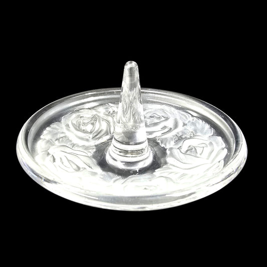 Vintage Clear Glass Ring Holder Dish with Frosted Rose Design Jewelry Tray
