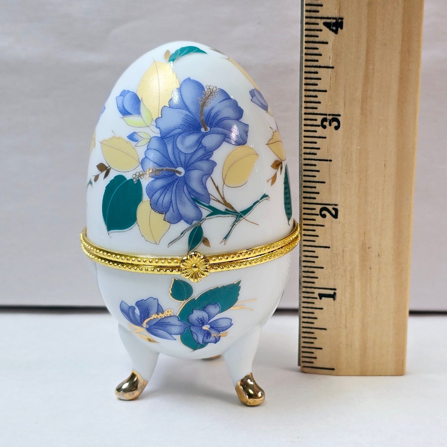 Vintage Porcelain Footed Hinged Egg Trinket Box, Purple and Yellow Floral