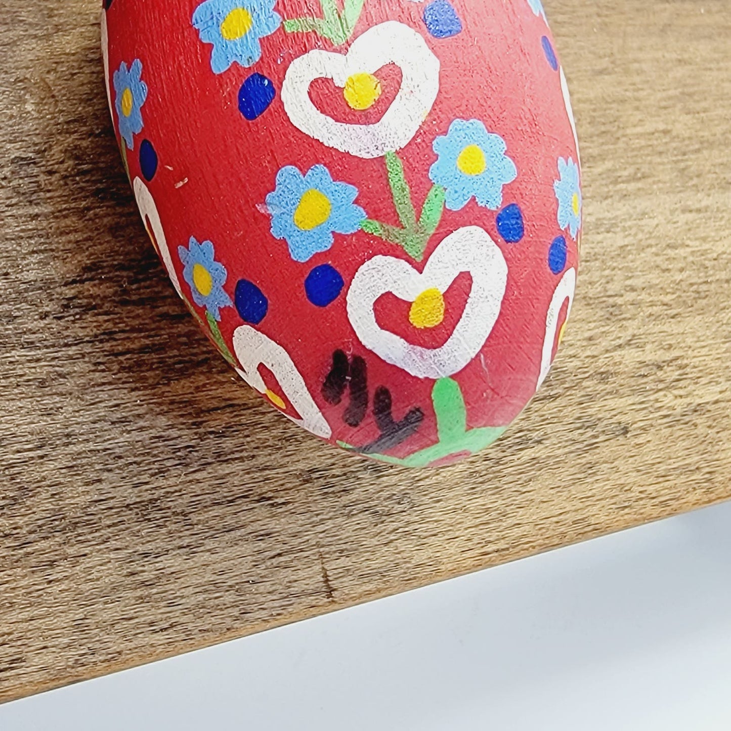 Vintage Wooden Hand Painted Easter Egg Ornament Flowers and Hearts Design Red