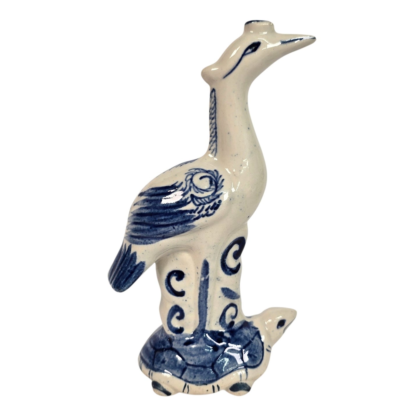Vintage Blue & White Ceramic Crane on Turtle Figurine Asian Longevity Motif