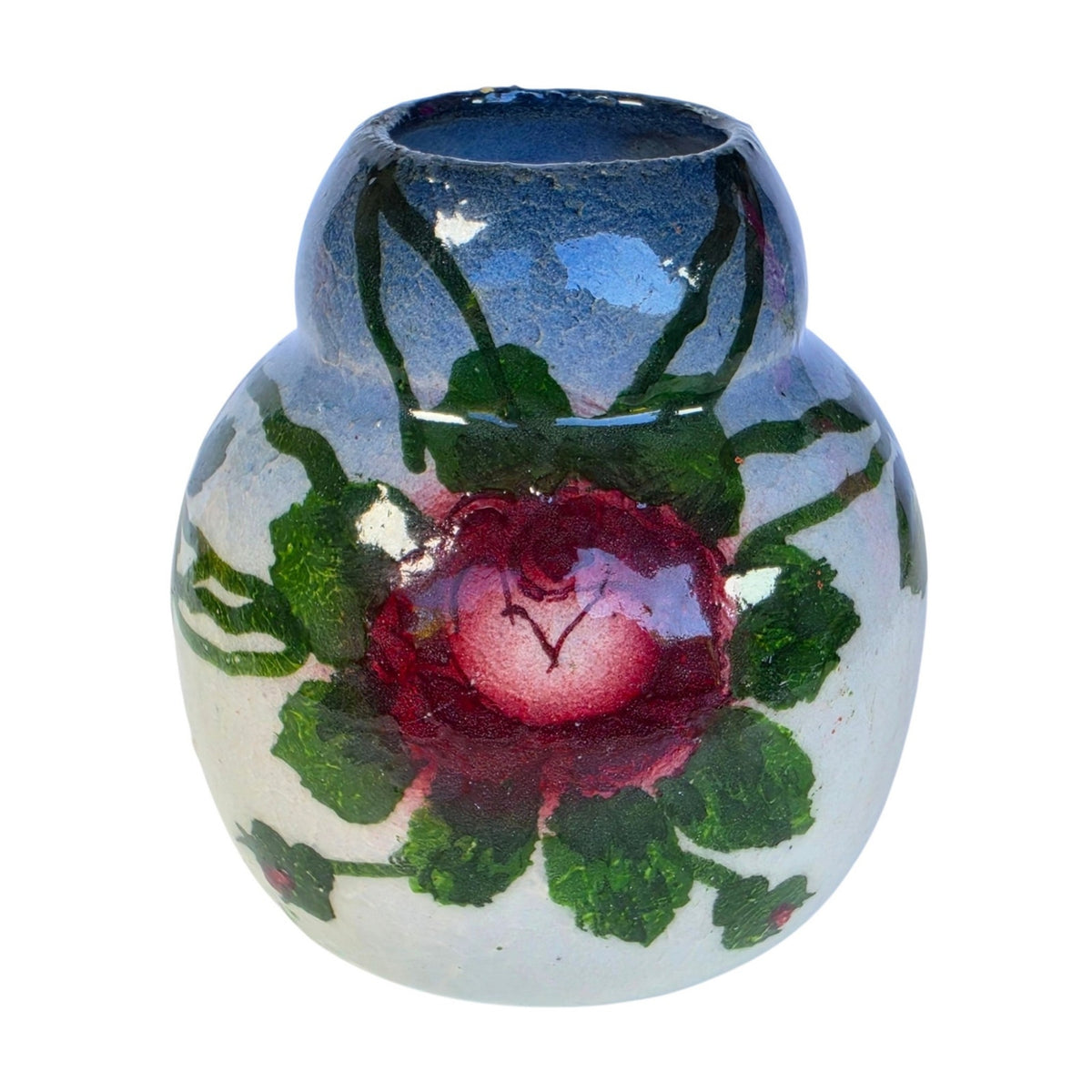 Vintage Hand Painted Floral Art Pottery Vase Crazed Glaze Roses 3.5"