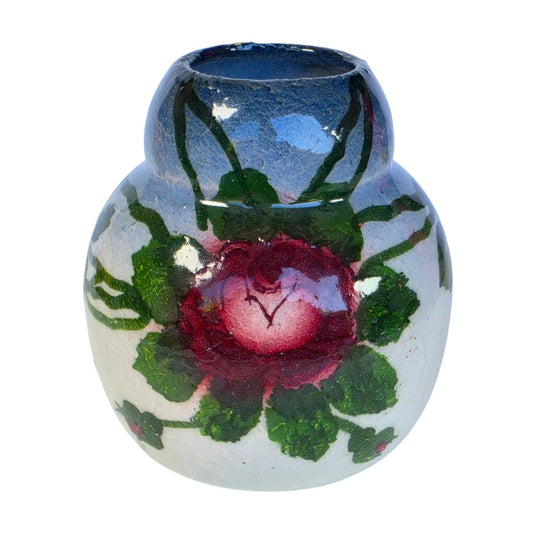 Vintage Hand Painted Floral Art Pottery Vase Crazed Glaze Roses 3.5"