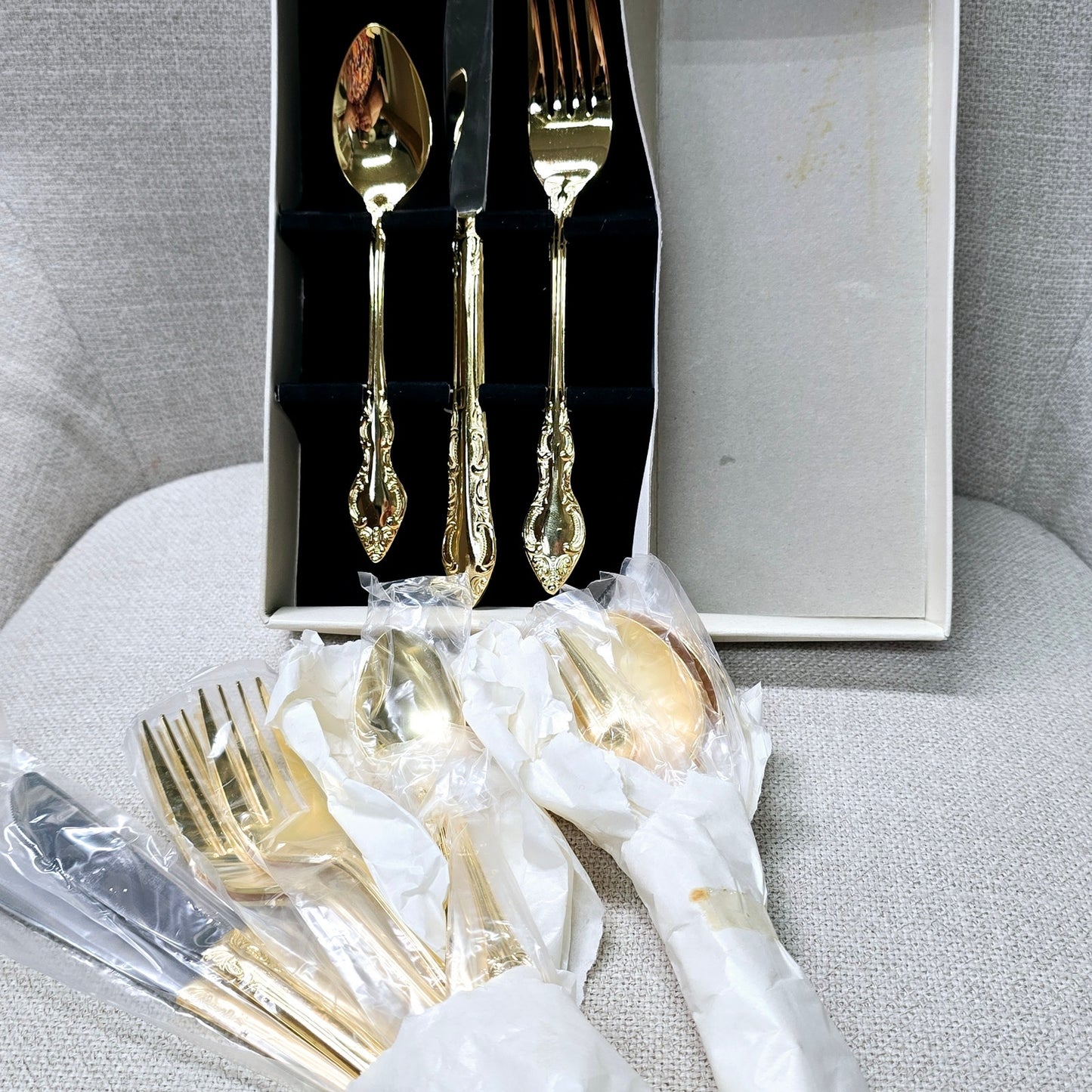 Vintage NIB Golden Nachez 20-Piece Service for 4 Rogers by Kenwood Silver Co., Gold Tone Stainless Steel Silverware