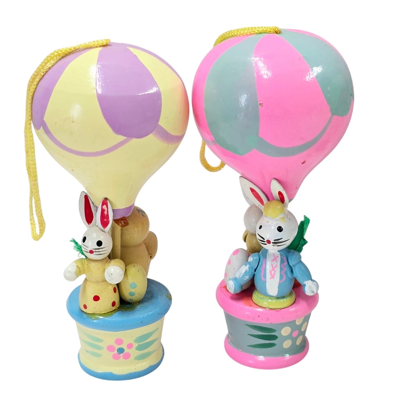 Set of 6 Adorable Vintage Wooden Hot Air Balloon Easter Ornaments with Bunnies and Chicks, Handpained