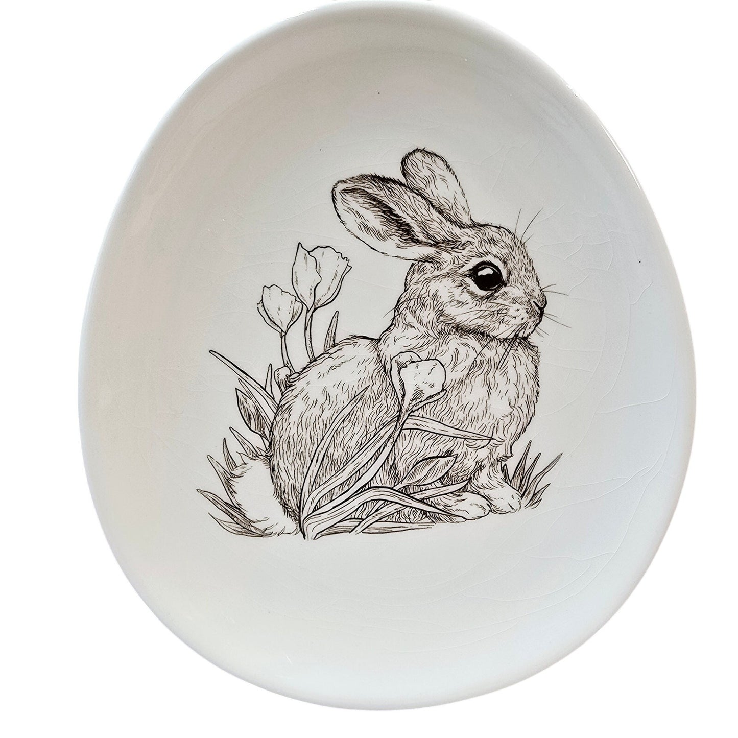 Set of 2 Decorative Bunny Plates with Sketch Brown Bunny with Tulips by Burton & Burton CRAZED