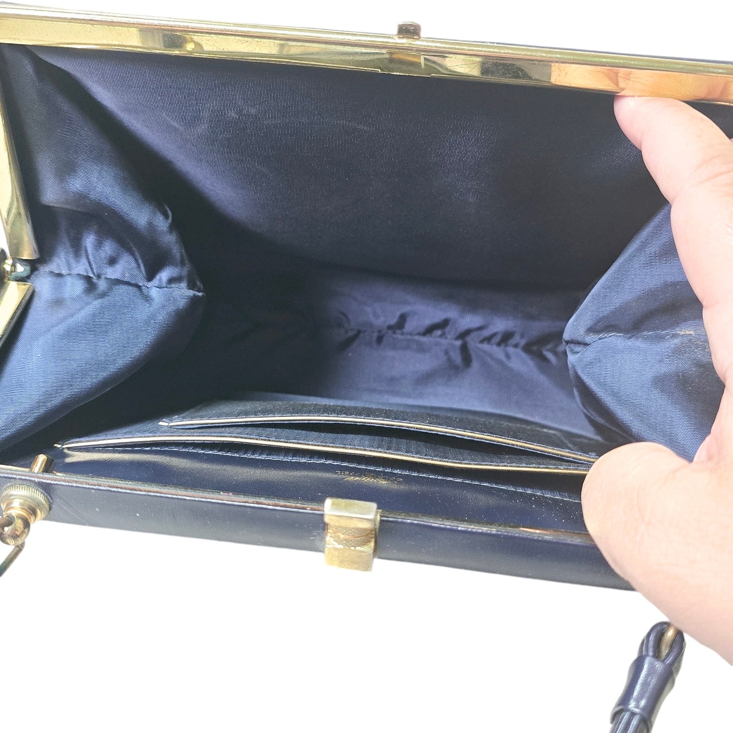 Mid Century Modell Gold Pfeil Navy Blue Leather Purse, Small Brief Case