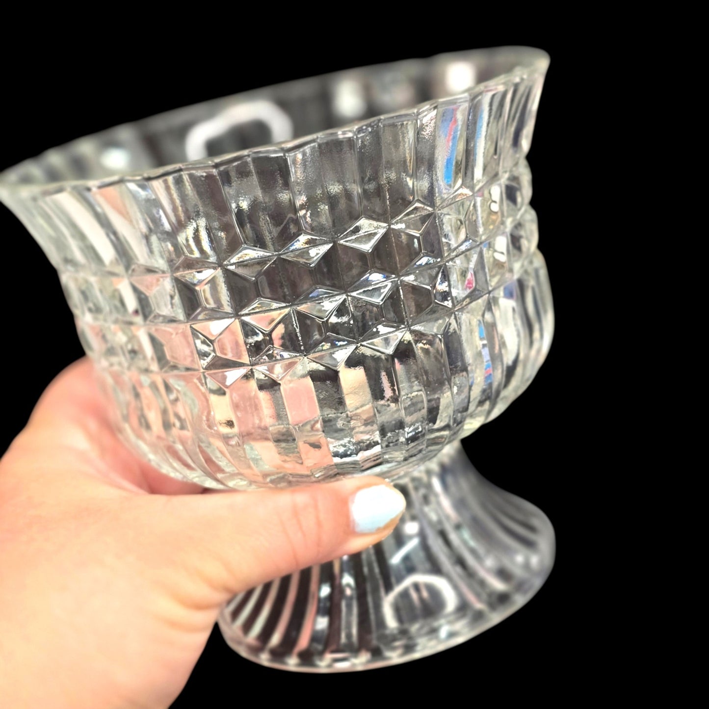 Vintage 1986 Pressed Glass Pedestal Bowl FTDA Diamond Cut & Ribbed Candy Dish