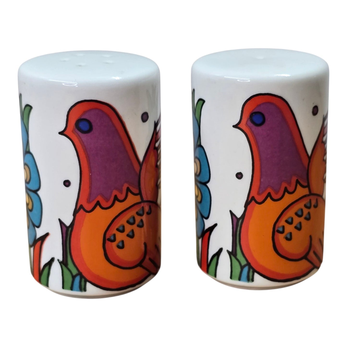 Vtg Villeroy Boch Acapulco Salt Pepper Shakers Retro Bird Flower Set Pop Art
