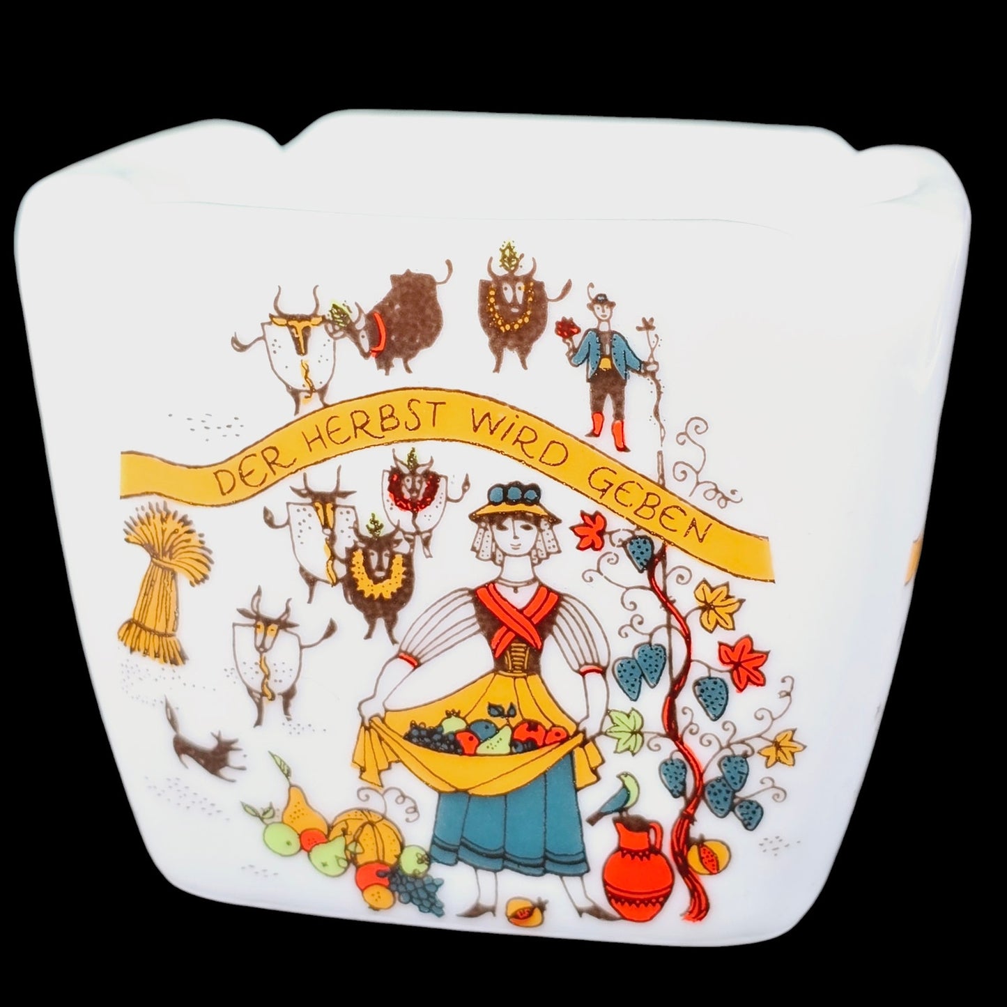 Vintage German Four Seasons Folk Art Ceramic Ashtray, Altenkunstadt Bavaria, 3 1/8" W