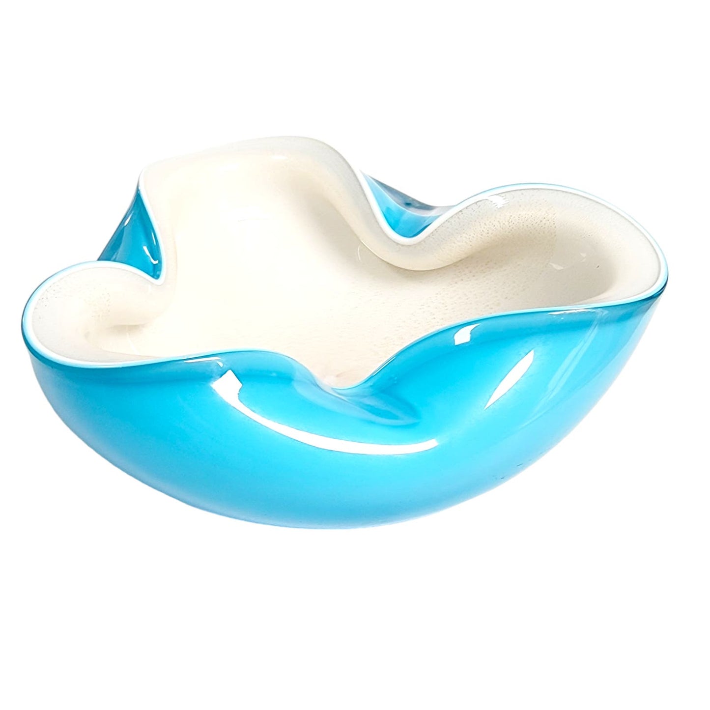 Murano Alfredo Barbini Cased Glass with Hold Fleck, Art Glass Bowl Blue and White