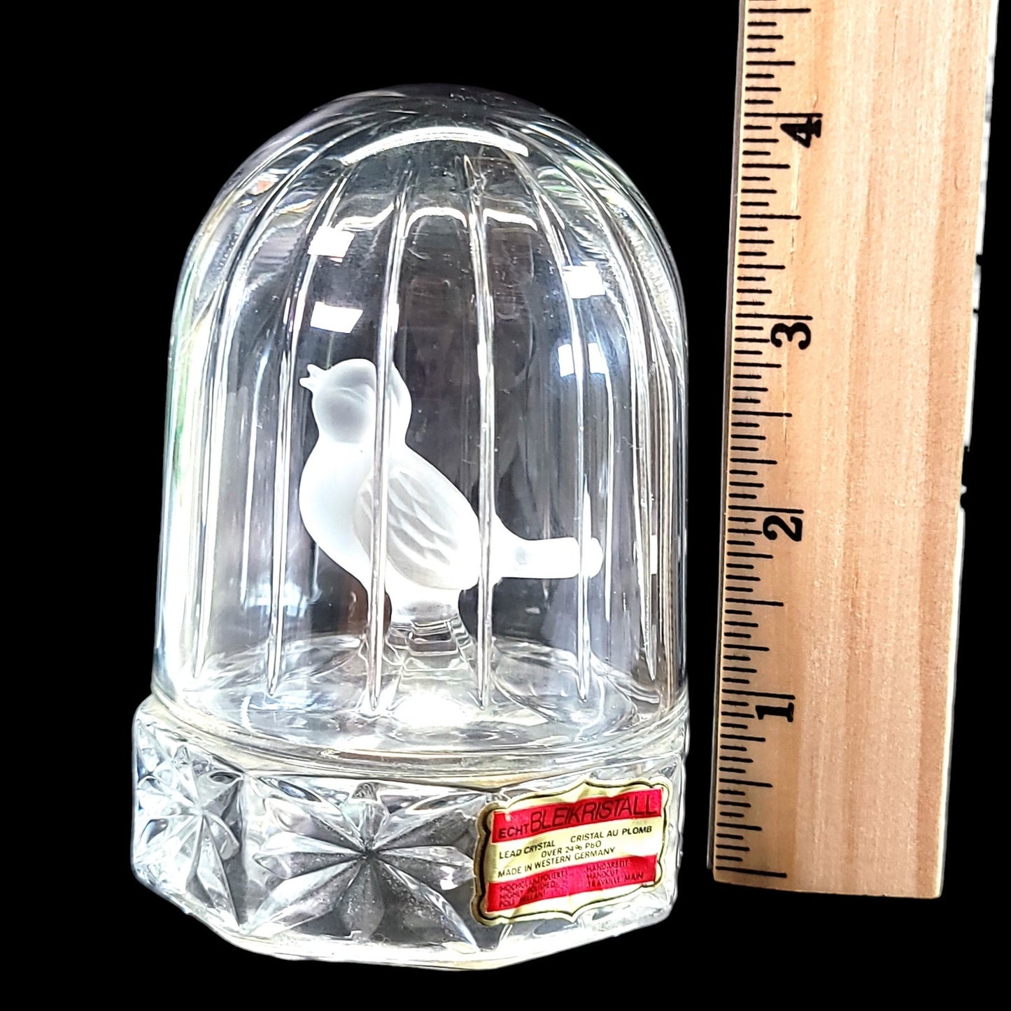 Vintage Hofbauer Byrdes Crystal Bird in Birdcage Glass Figurine Paperweight, Made in Western Germany, Bleikristall (Lead Crystal)