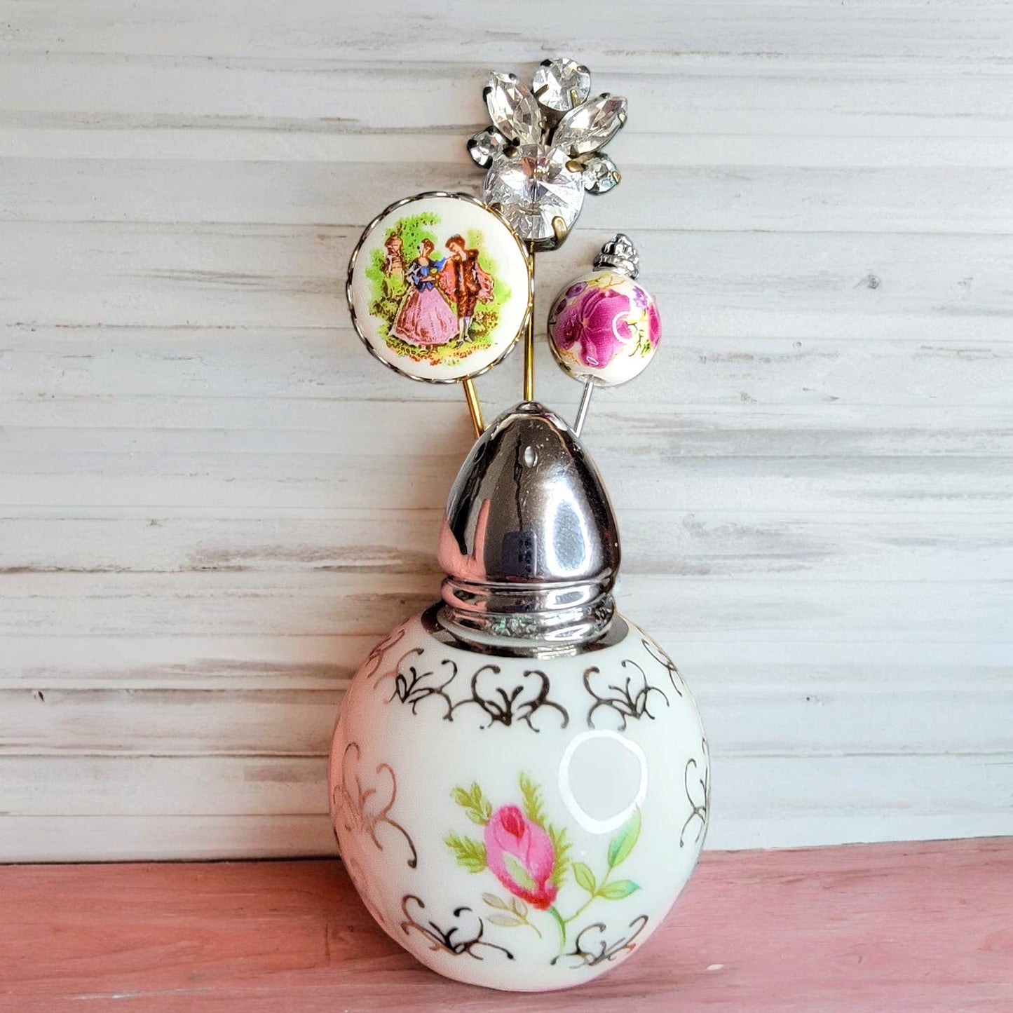 Vintage I. Rice Round Floral Shaker Pin Holder Display with Handmade Stick Pins Vtg Hatpin Holder, Vintage Salt Shaker Single