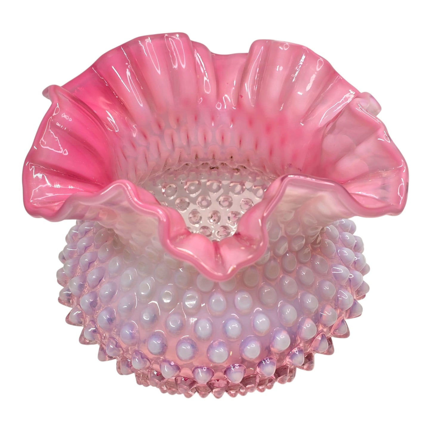 AS IS Fenton Cranberry Rose Opalescent Hobnail Ruffled Vase Uranium Reactive