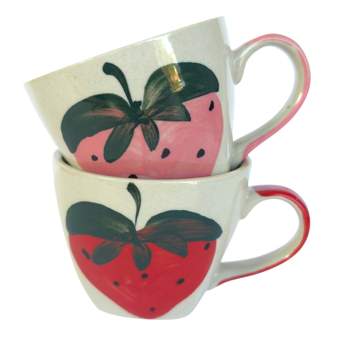 Vintage Hand-Painted Stoneware Strawberry Mugs Set of 2 Cute Art Pottery